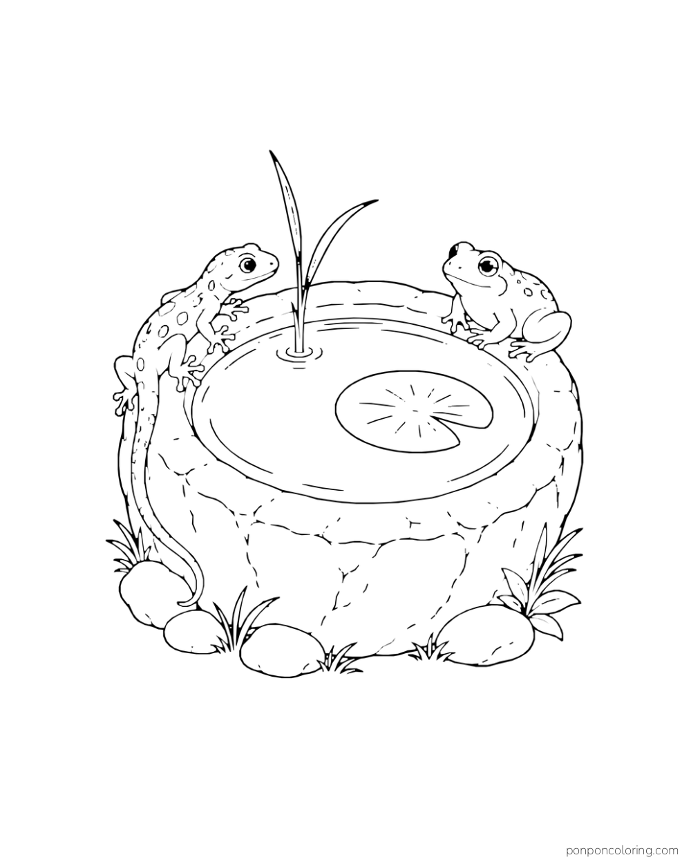 A gecko and a frog sit on opposite sides of a round stone garden basin with a lily pad.