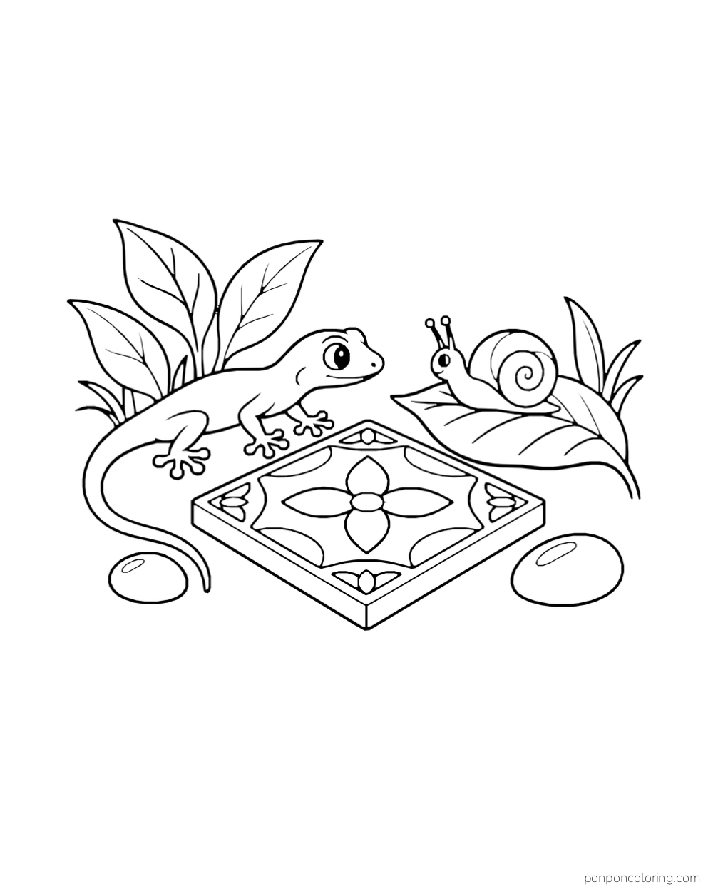 A gecko faces a snail on a leaf beside a square garden tile and two smooth pebbles.