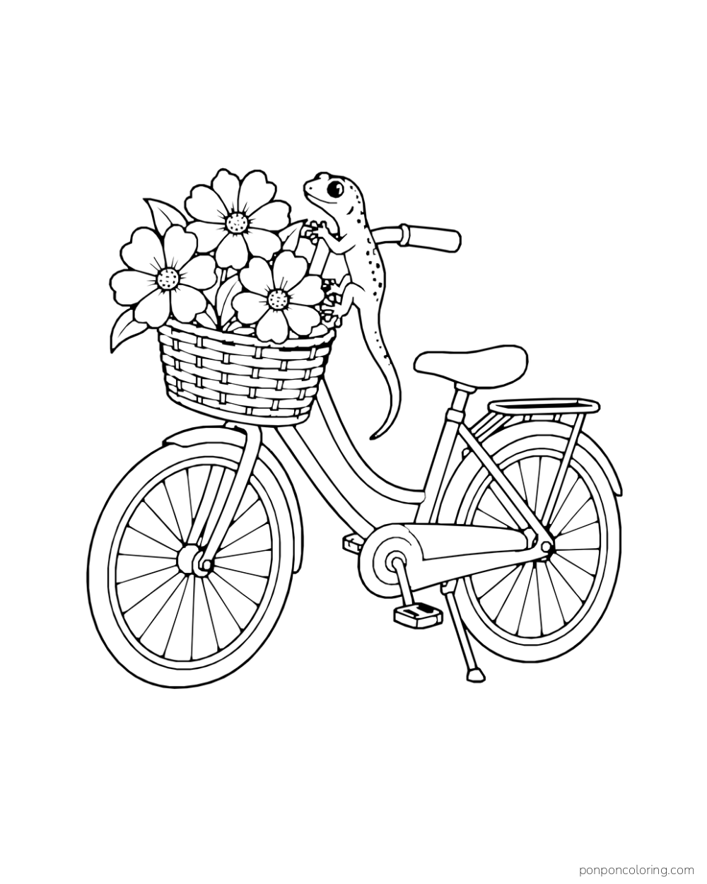 A gecko clings to the handlebar beside a flower basket on a complete bicycle.