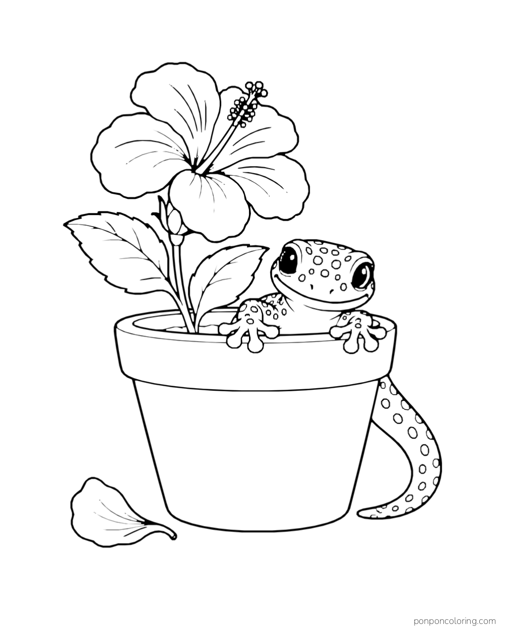 A spotted gecko grips the rim of a flowerpot beneath a large hibiscus bloom, with one petal on the ground.