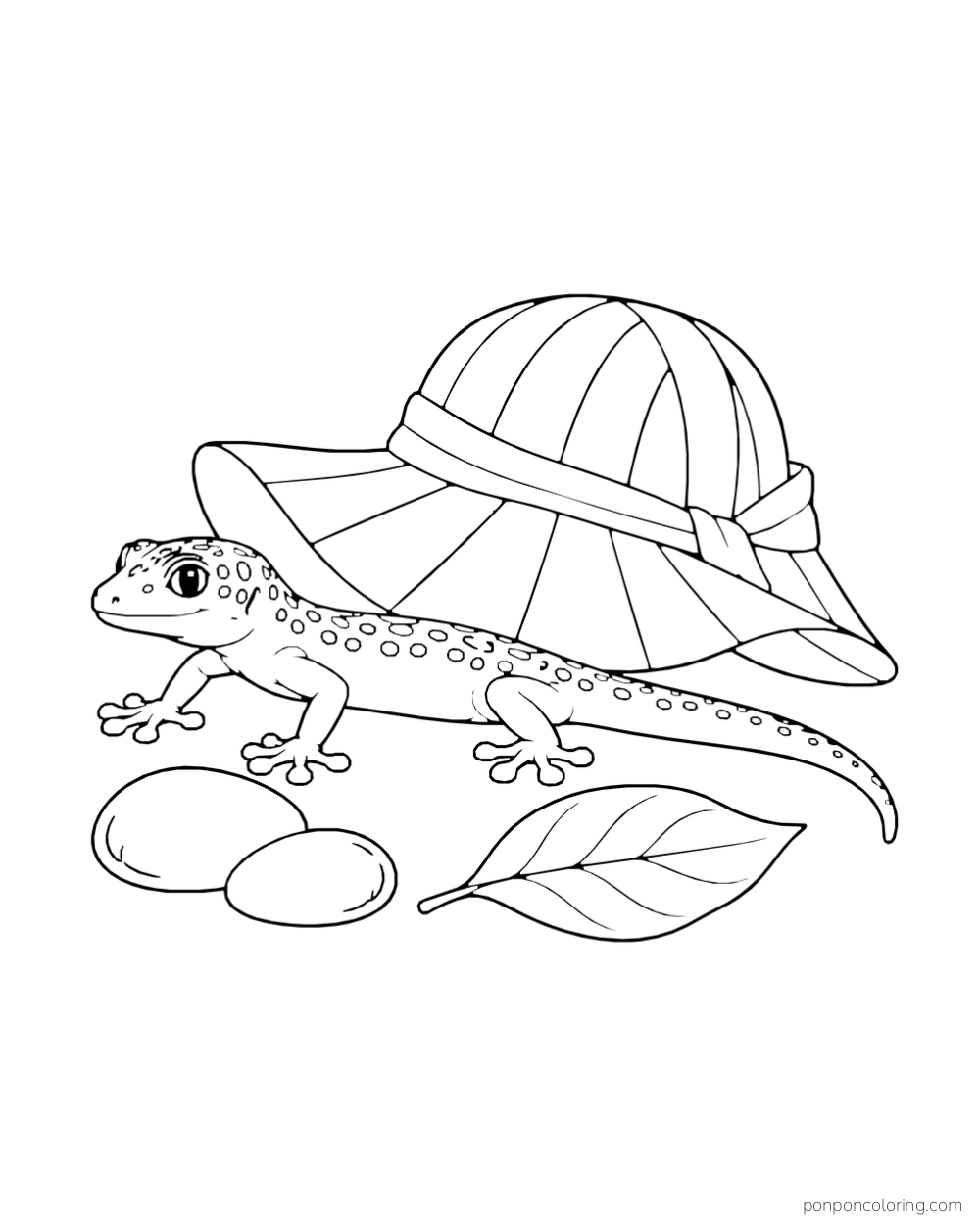 A spotted gecko rests beside a broad sunhat, two smooth pebbles, and one fallen leaf.