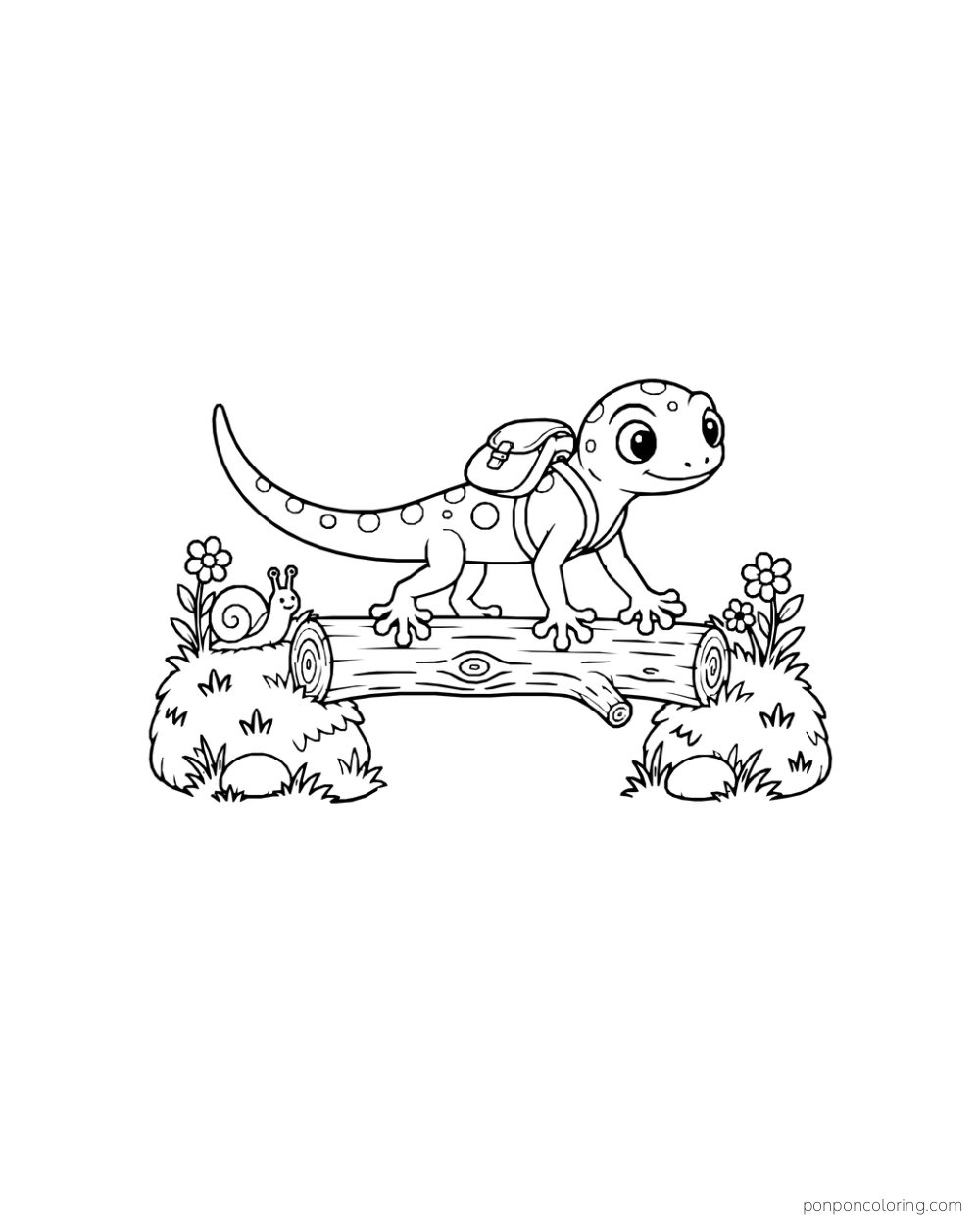 A gecko wearing a backpack crossing a log between grassy mounds, with flowers and a snail nearby.