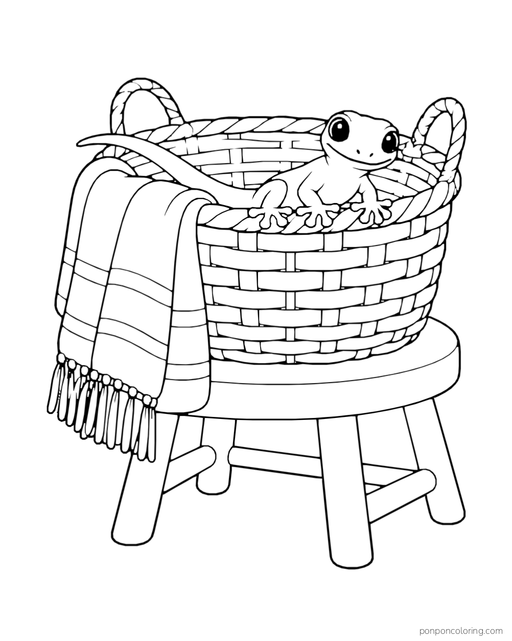 A gecko peeks from a wicker basket beside a folded striped scarf on a small stool.