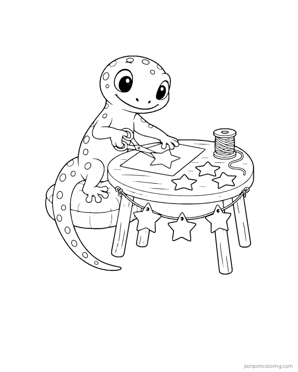 A spotted gecko cutting a paper star with scissors at a round table, with loose stars, a spool of string, and star bunting hanging below.