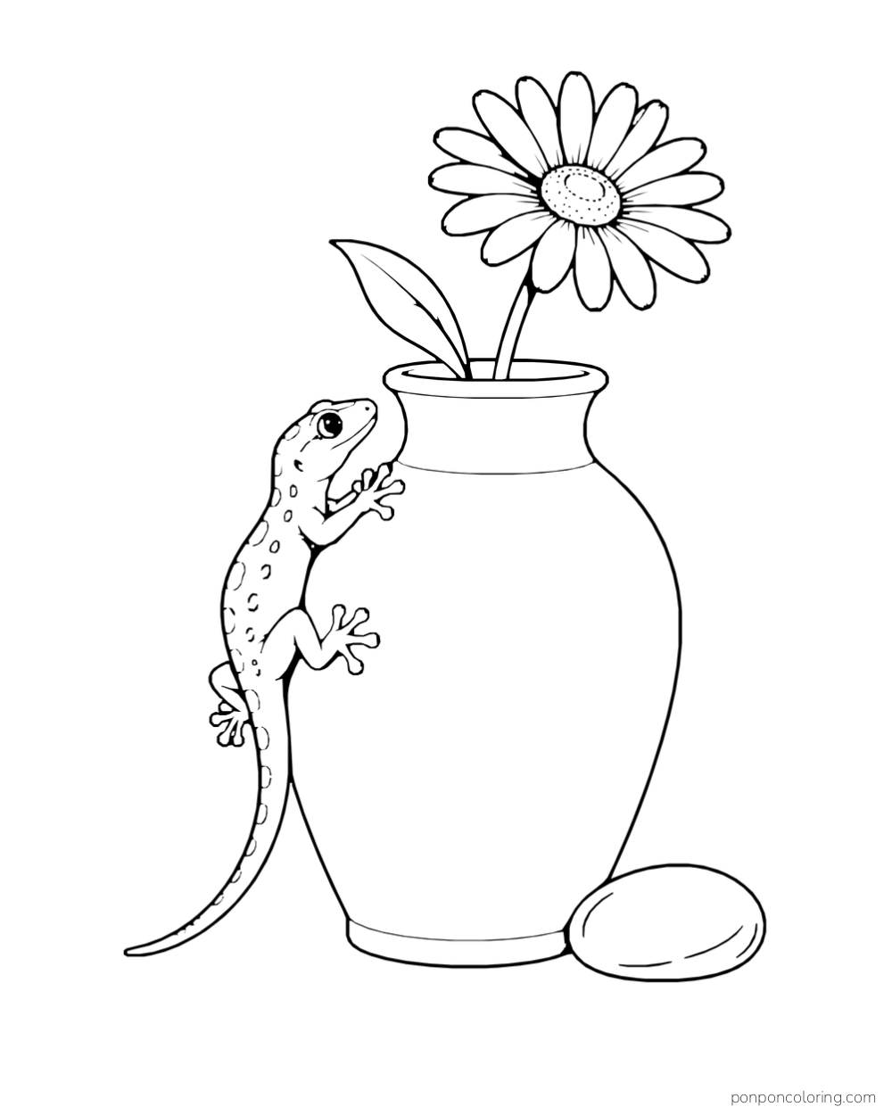 A gecko grips the side of a plain ceramic vase holding one daisy, with a smooth pebble nearby.