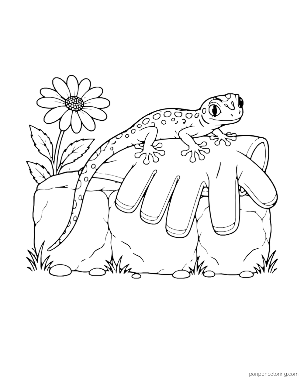 A spotted gecko rests on a large garden glove draped over a short stone wall beside a flower.
