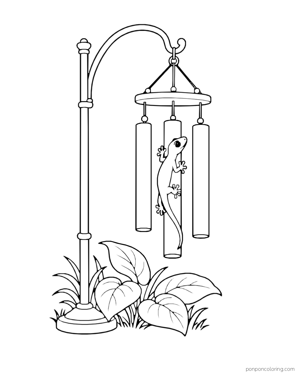 A gecko clings to one tube of a three-piece wind chime hanging from a garden stand above broad leaves.