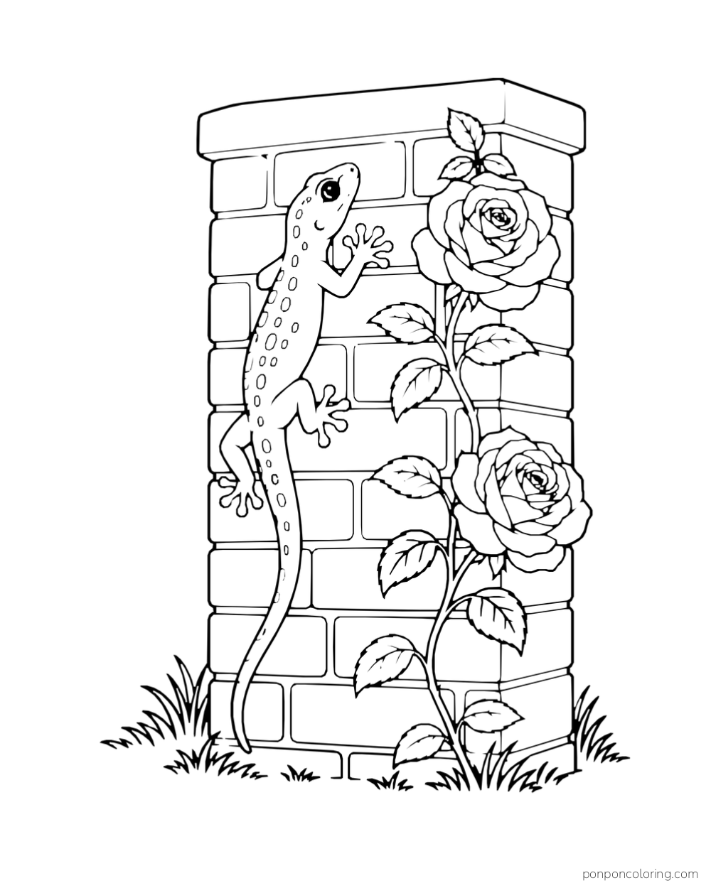 A spotted gecko climbs a short brick wall beside two large rose blooms.