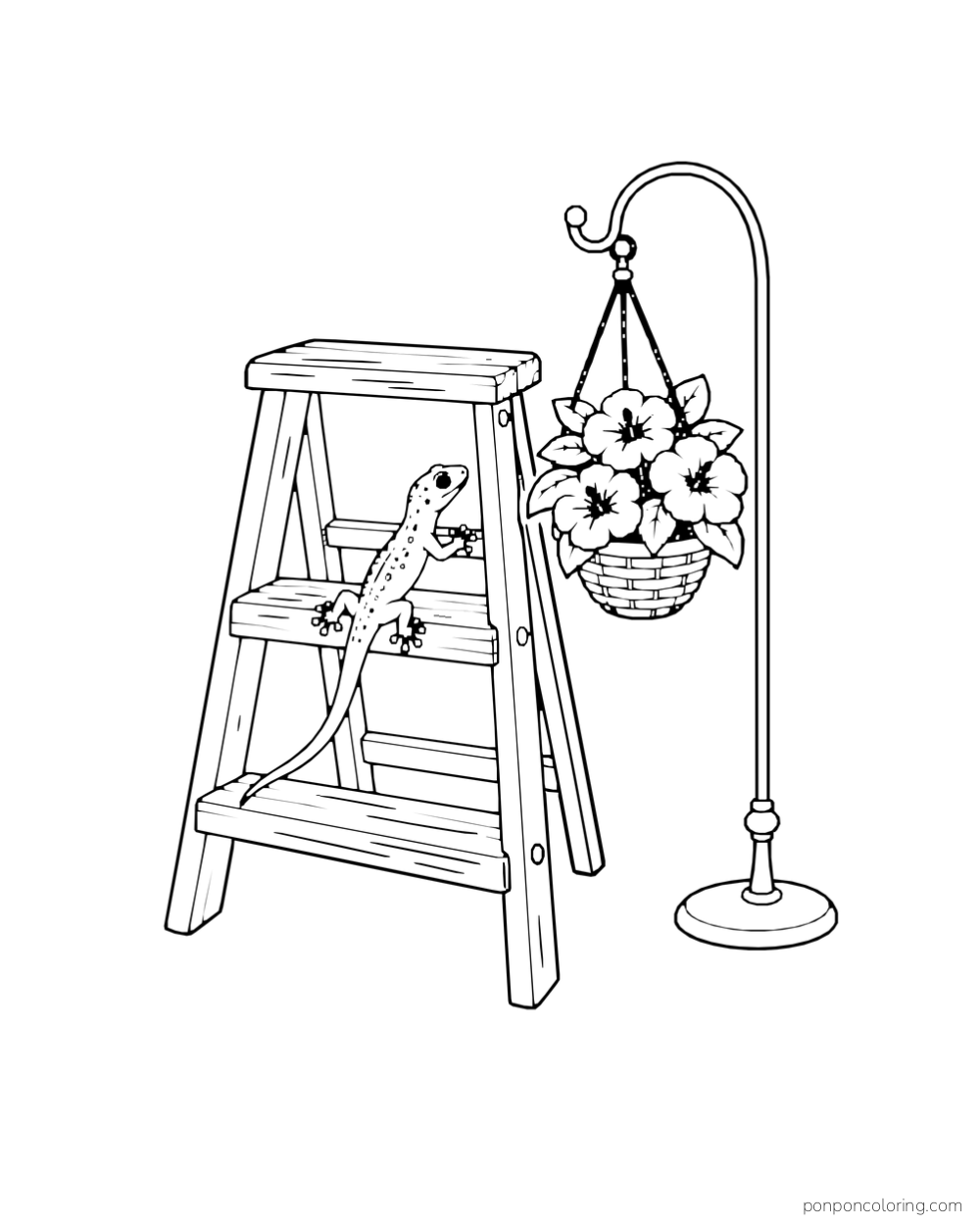 A gecko climbs a wooden stepladder beside a hanging basket of flowers on a freestanding garden hook.