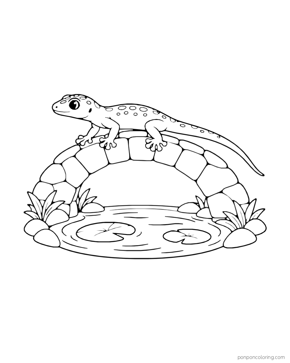 A gecko walks across a low stone arch above a small oval pond with two lily pads.