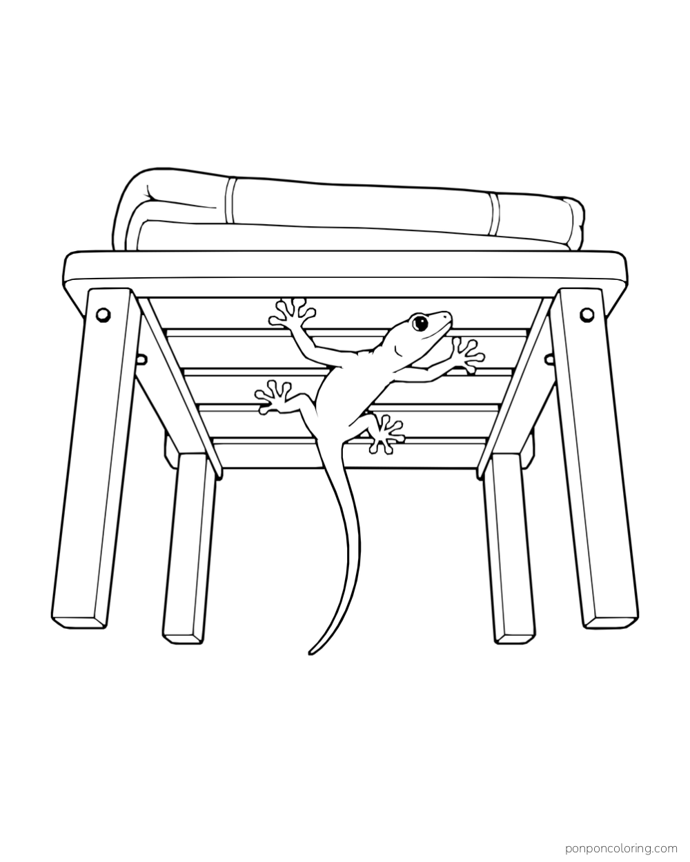 A gecko clings upside down beneath a wooden garden bench with a folded cushion on top.