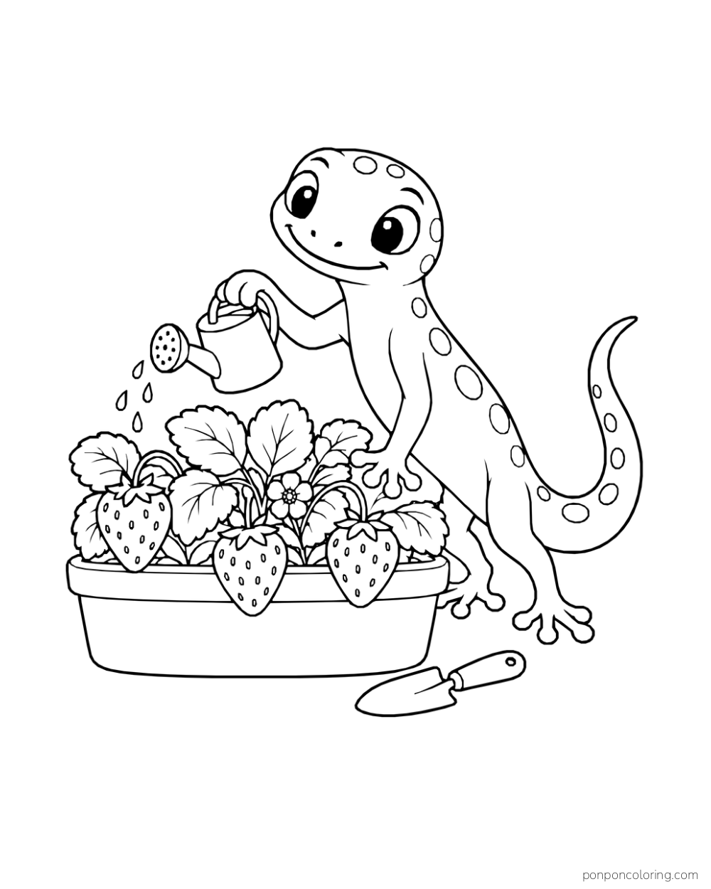 A gecko holding a watering can over a planter with three strawberries, broad leaves, and a flower, with a trowel nearby.