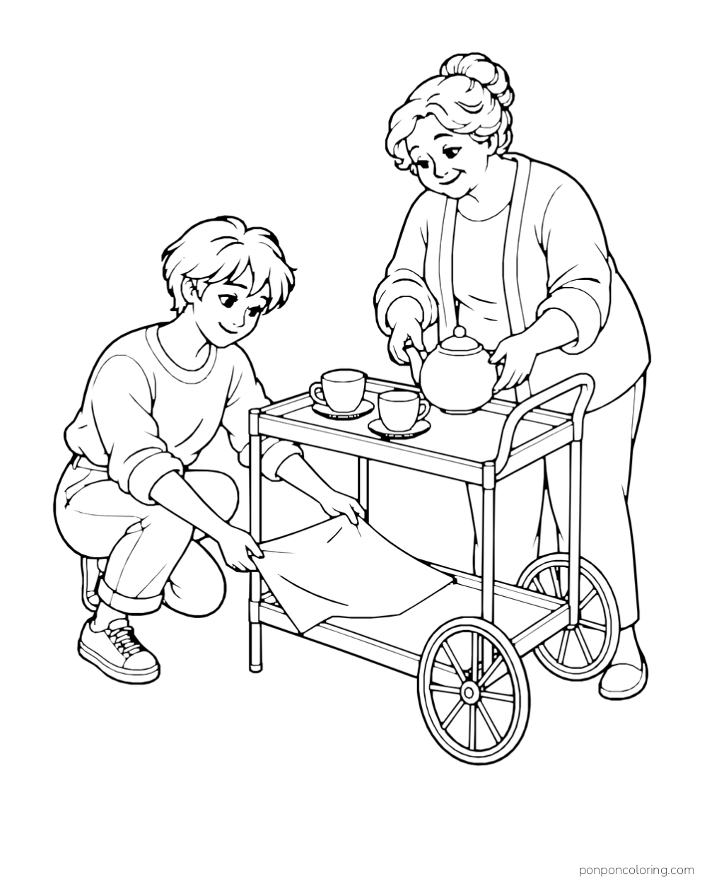 Two people arrange a teapot, cups, and folded cloth on a wheeled tea cart.