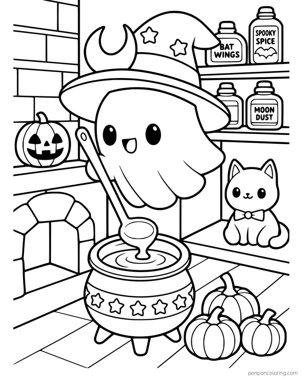 A ghost in a witch hat stirs a cauldron beside a cat, pumpkins, a jack-o'-lantern, and jars on a shelf.