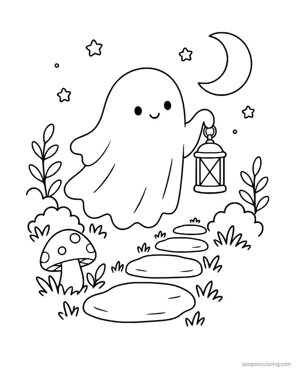 A friendly ghost carries a lantern above steppingstones near a mushroom, stars, and a crescent moon.