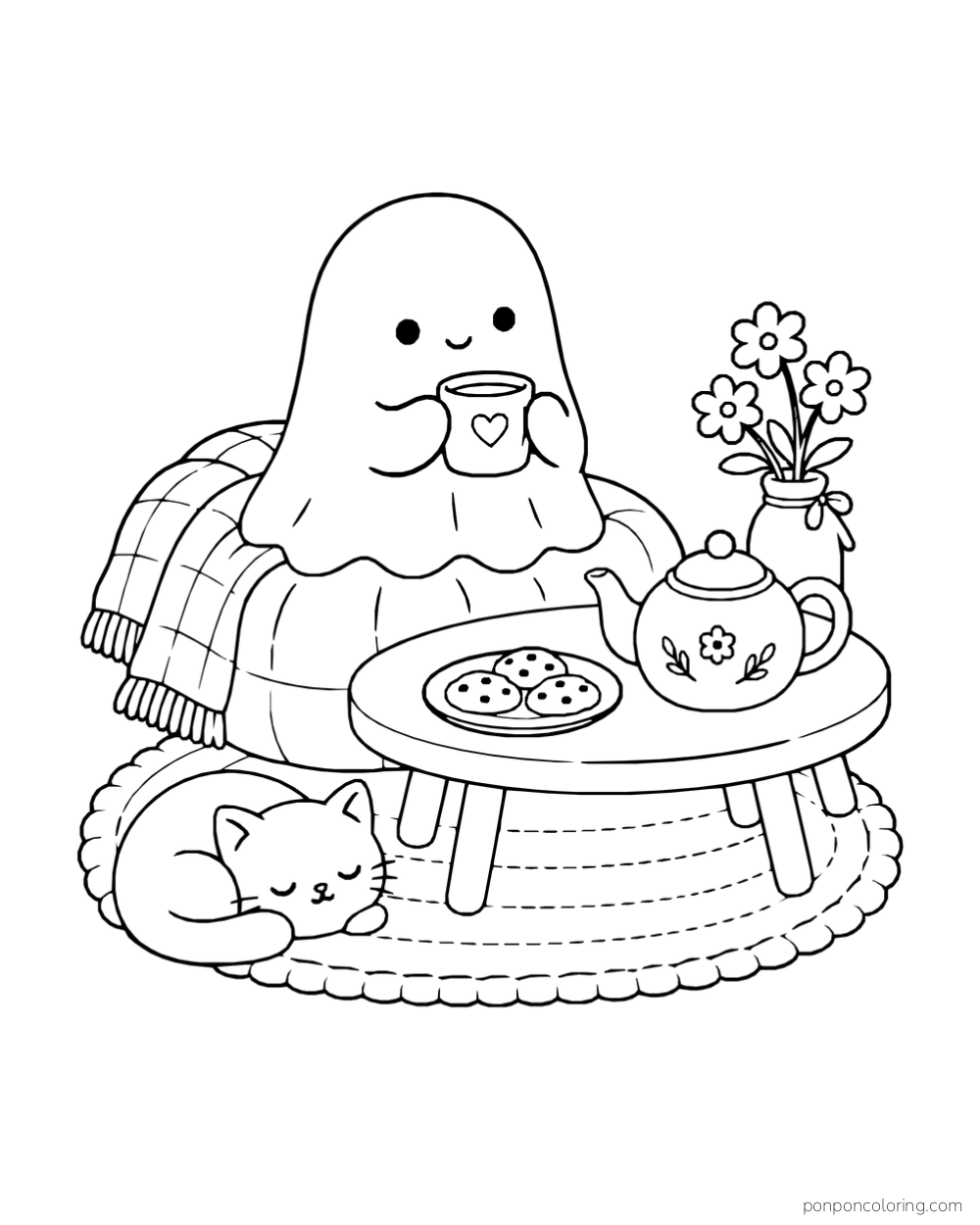 A smiling ghost with a mug sits beside a tea table with cookies, flowers, and a sleeping cat.