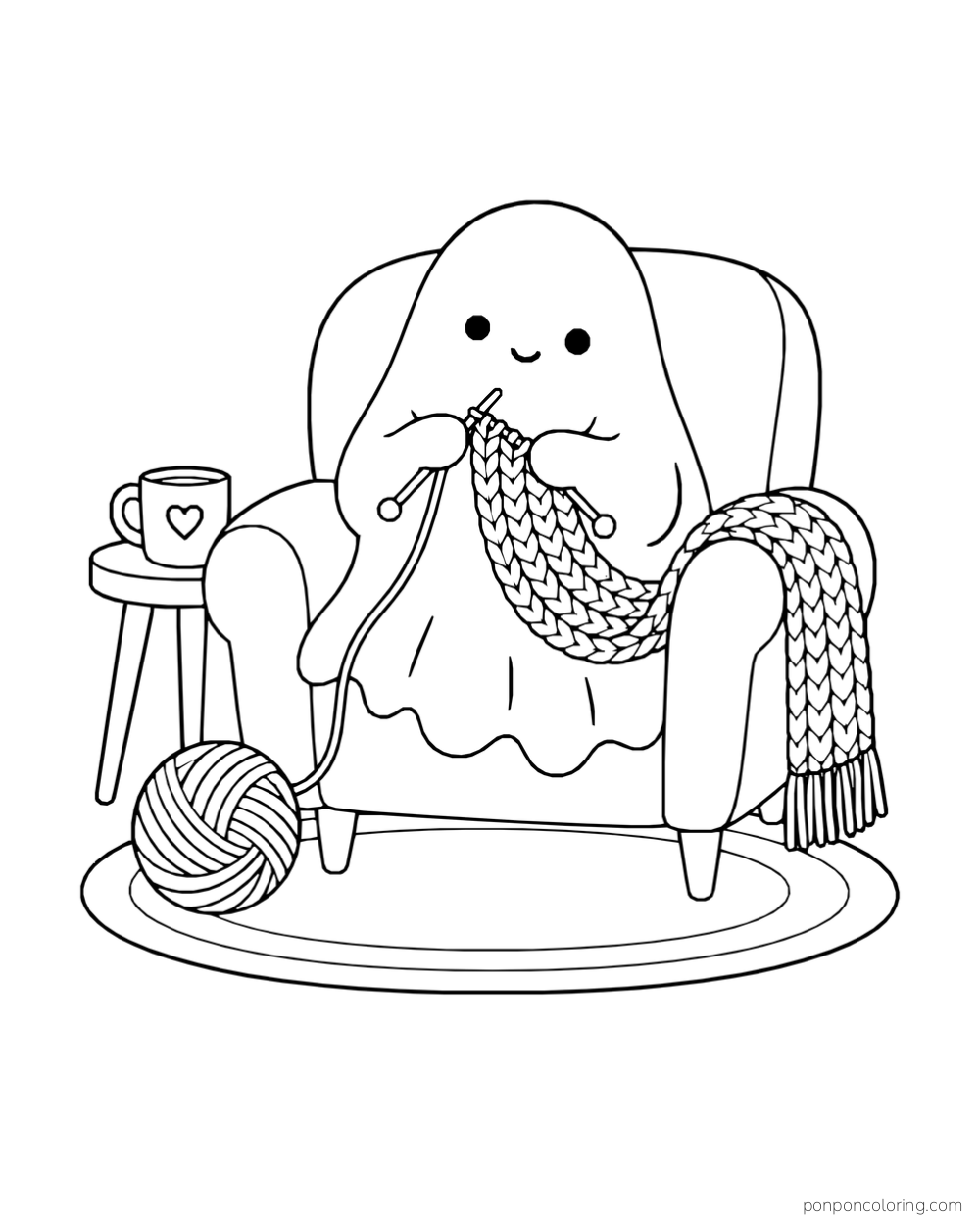 A ghost knits a long scarf in an armchair with yarn and a mug on a side table.