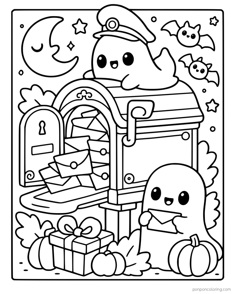 Two ghosts gather by an open mailbox filled with letters, with a gift, pumpkin, bats, and a crescent moon.