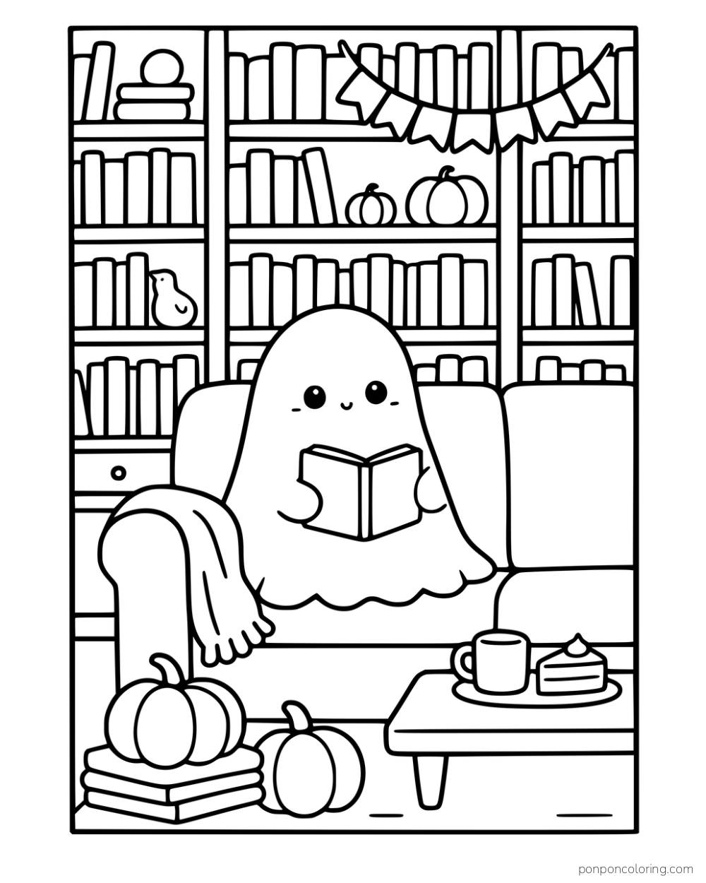 A ghost reads in an armchair beside tall bookshelves, pumpkins, a mug, and a small table.