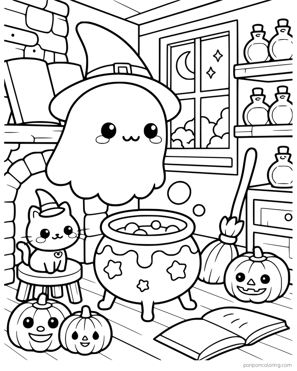 A ghost in a witch hat hovers over a bubbling cauldron beside a little cat, pumpkins, bottles, and an open book.