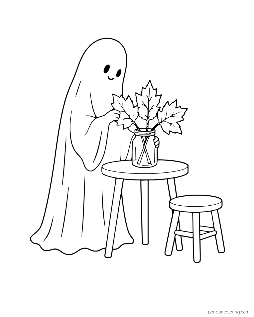 A tall, friendly ghost arranges leaves in a jar on a small round table beside a stool.