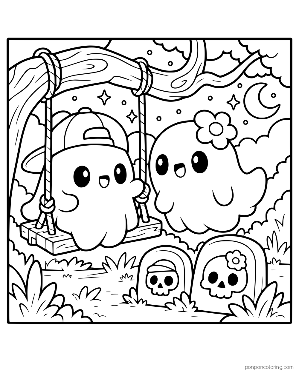 One ghost rides a swing while another floats beside it, with two skull-marked stones under a crescent moon.