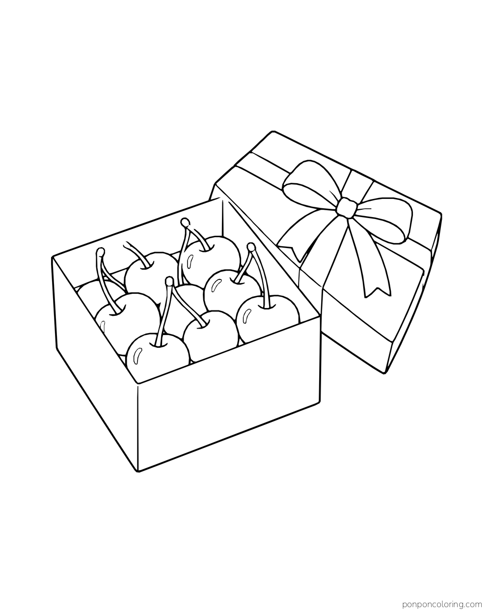 An open gift box filled with cherries stands beside its ribboned lid.