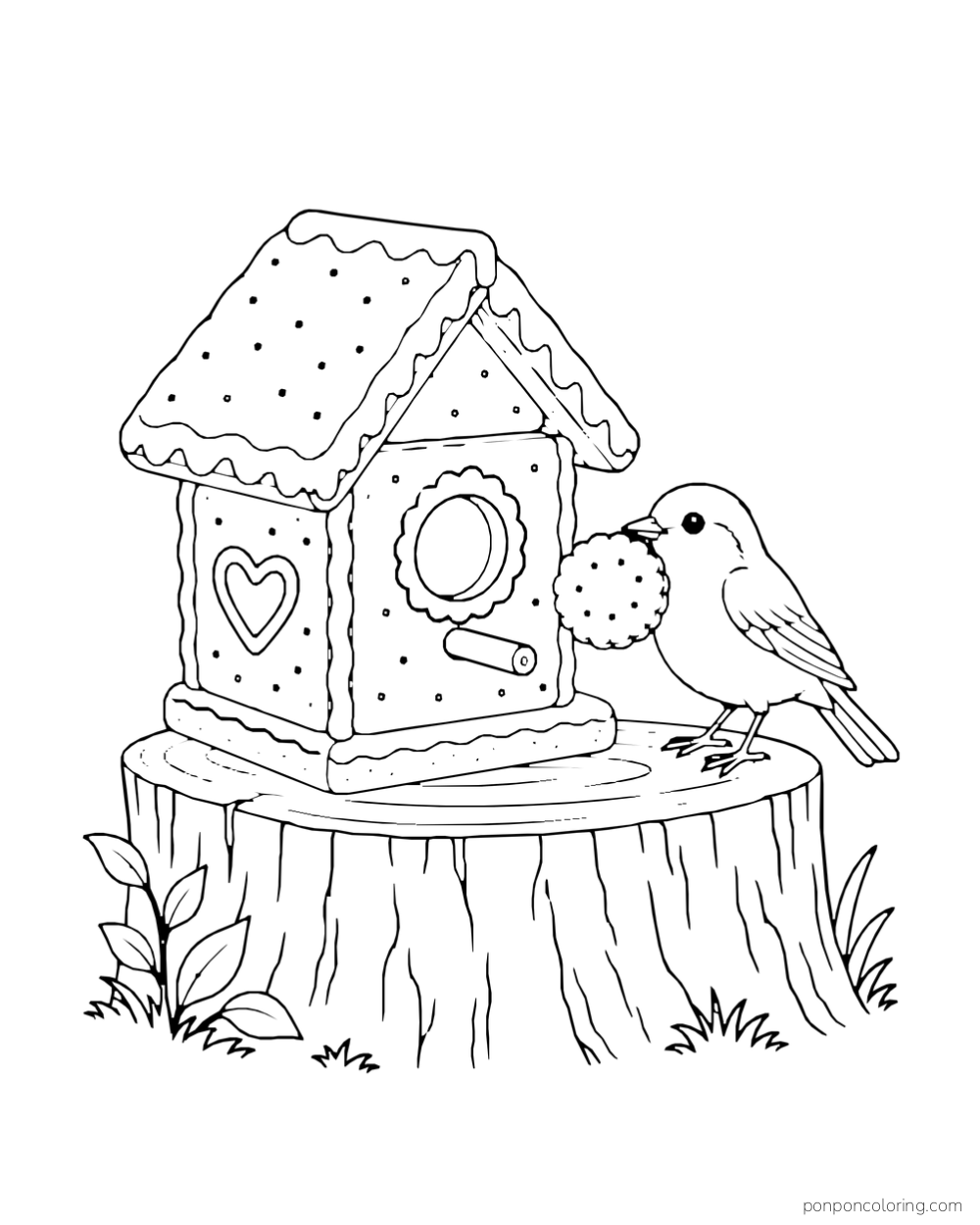 A cookie birdhouse sits on a tree stump beside a bird holding a round cookie.