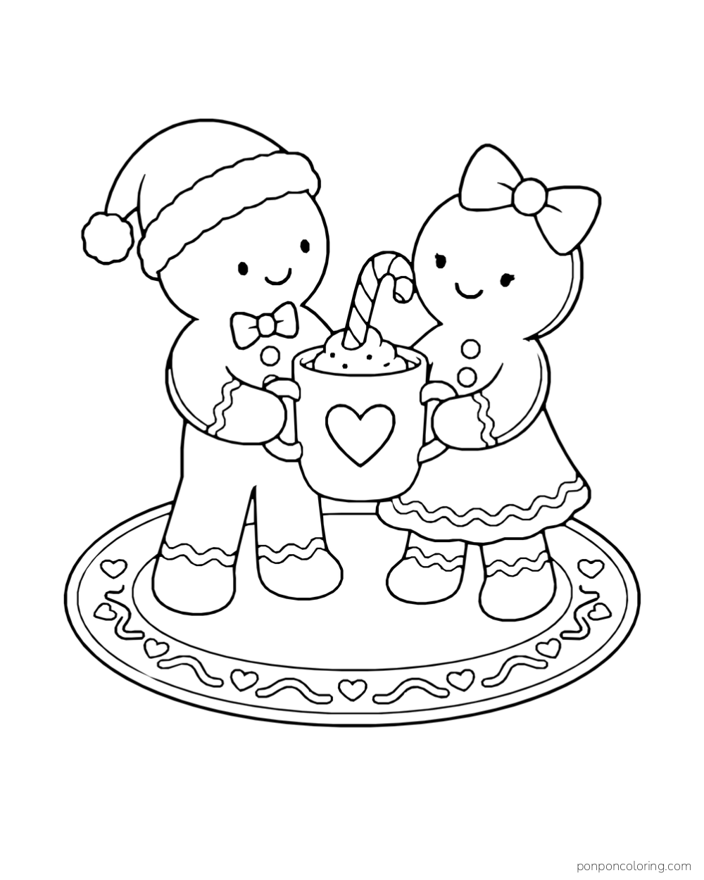 Two gingerbread characters hold a mug topped with cream and a candy cane on a decorated plate.