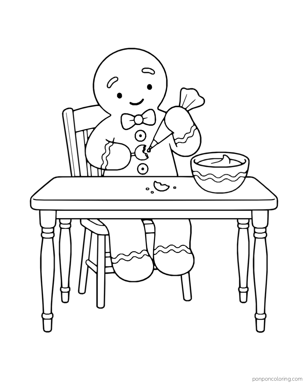 A gingerbread character uses a piping bag to repair a broken button beside a bowl of icing.