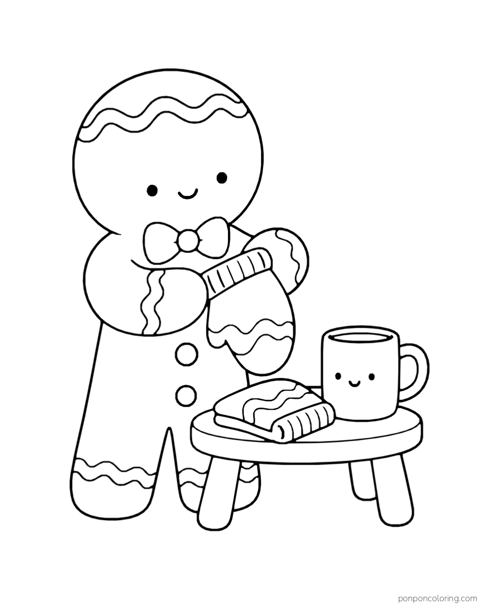 A gingerbread person holds a mitten beside a folded mitten and mug on a table.