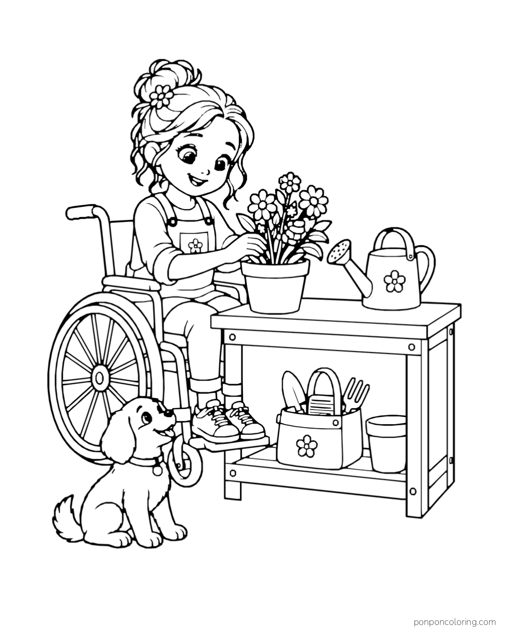 A girl using a wheelchair arranges a pot of flowers at a low table beside her puppy.