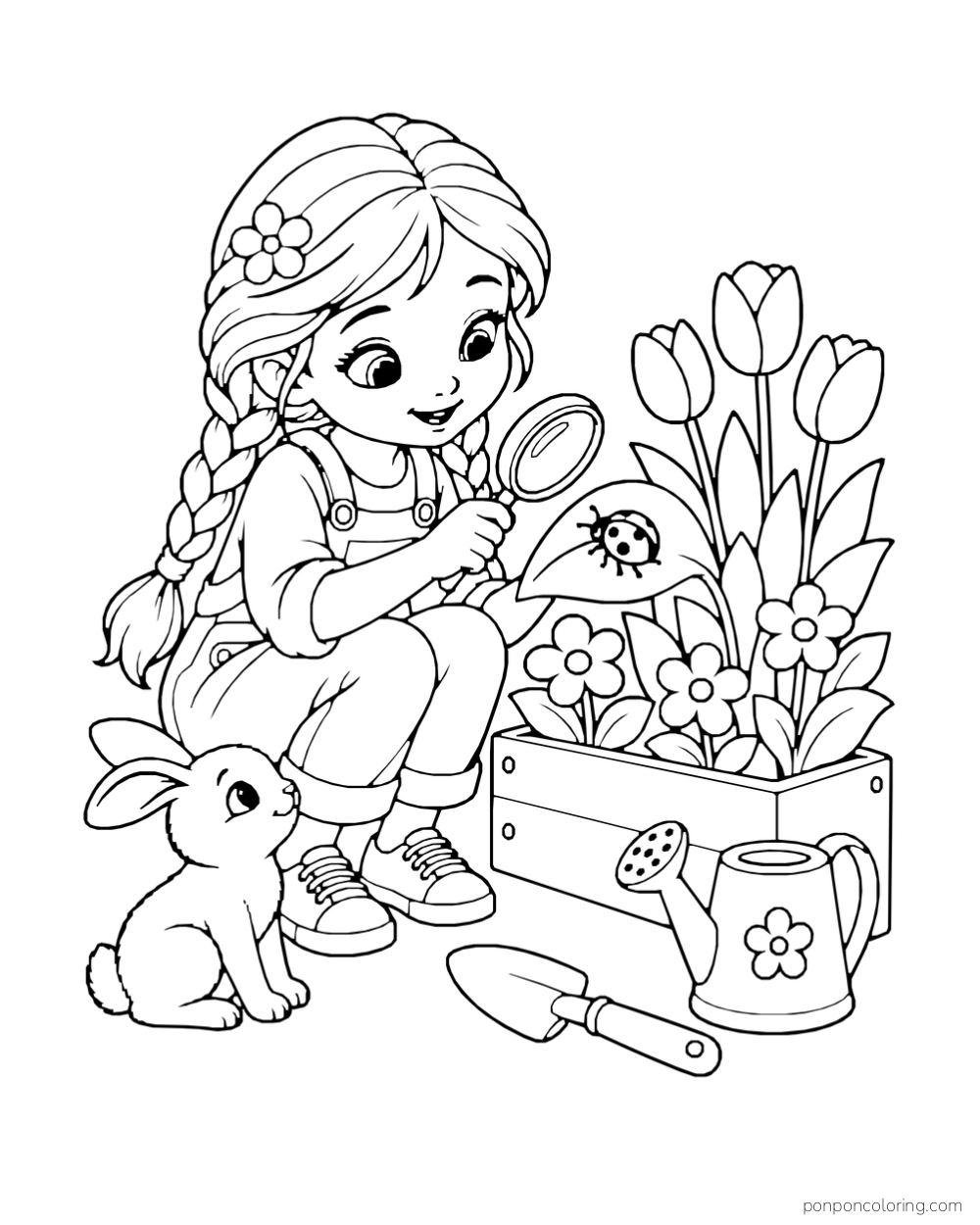 A girl with braids examines a ladybug through a magnifying glass beside a rabbit and flower planter.