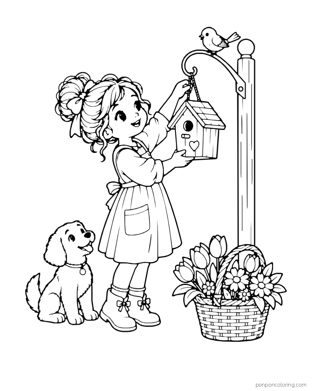 A girl hangs a birdhouse from a wooden post beside her puppy and a flower basket.
