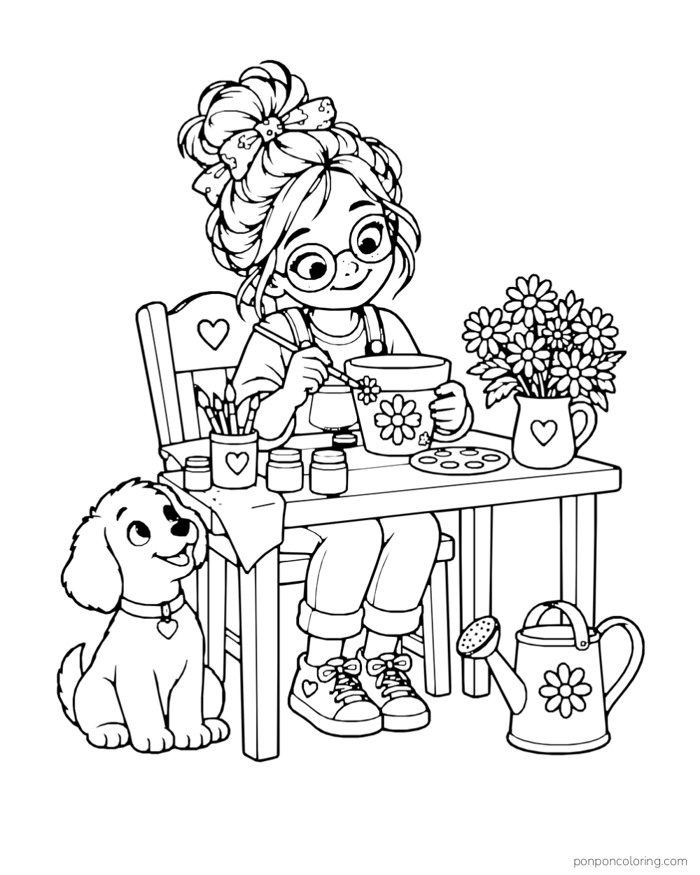 A girl wearing glasses paints a flowerpot at a craft table beside a puppy.