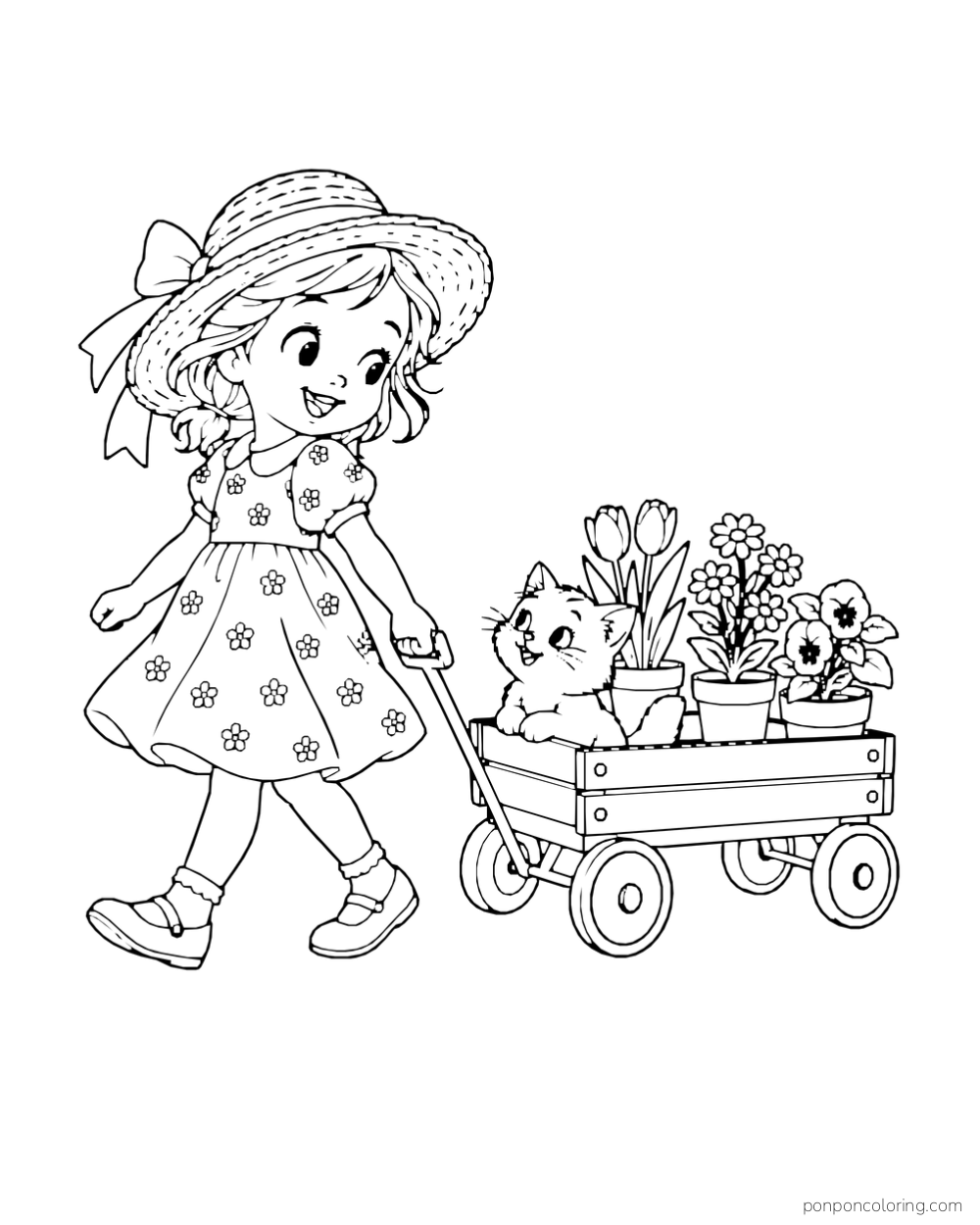 A girl wearing a straw hat pulls a wagon carrying a cat and three flowerpots.