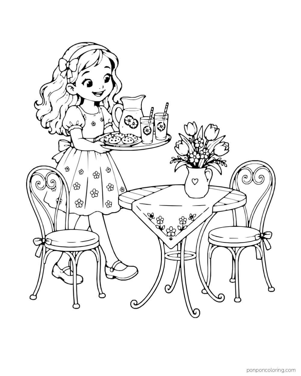 A girl carries a tray of lemonade and cookies beside a garden table and two chairs.