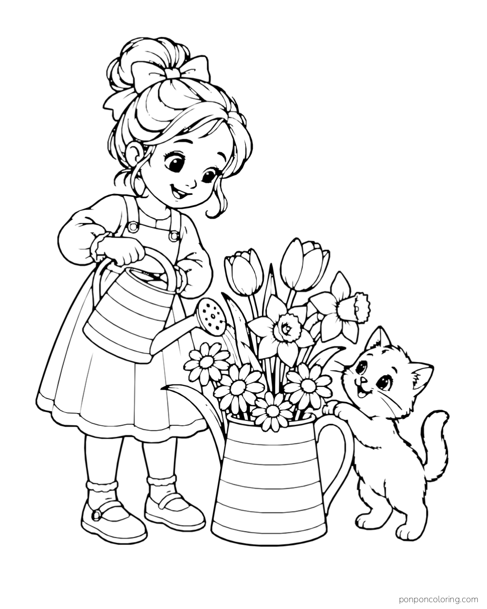 A girl waters flowers in a striped watering can while a kitten stands beside it.