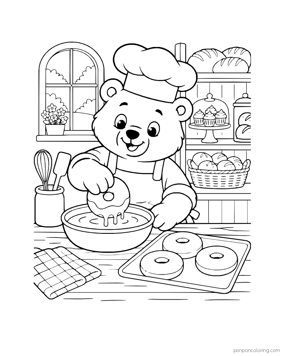 A bear baker dips a ring doughnut into a shallow bowl of glaze.