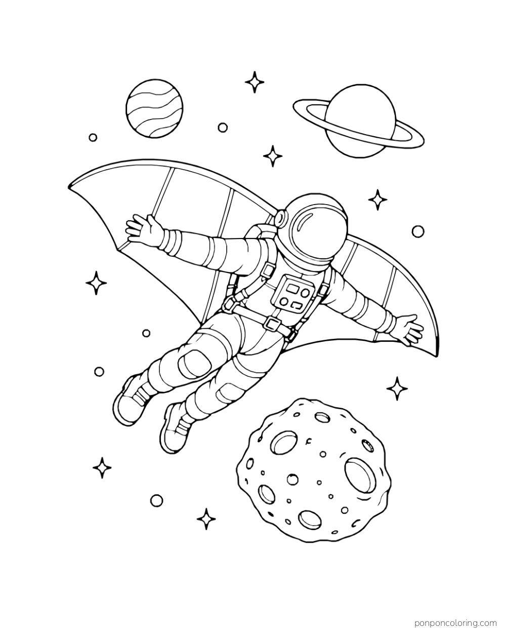 An astronaut glides above a cratered rock with broad fabric wings.