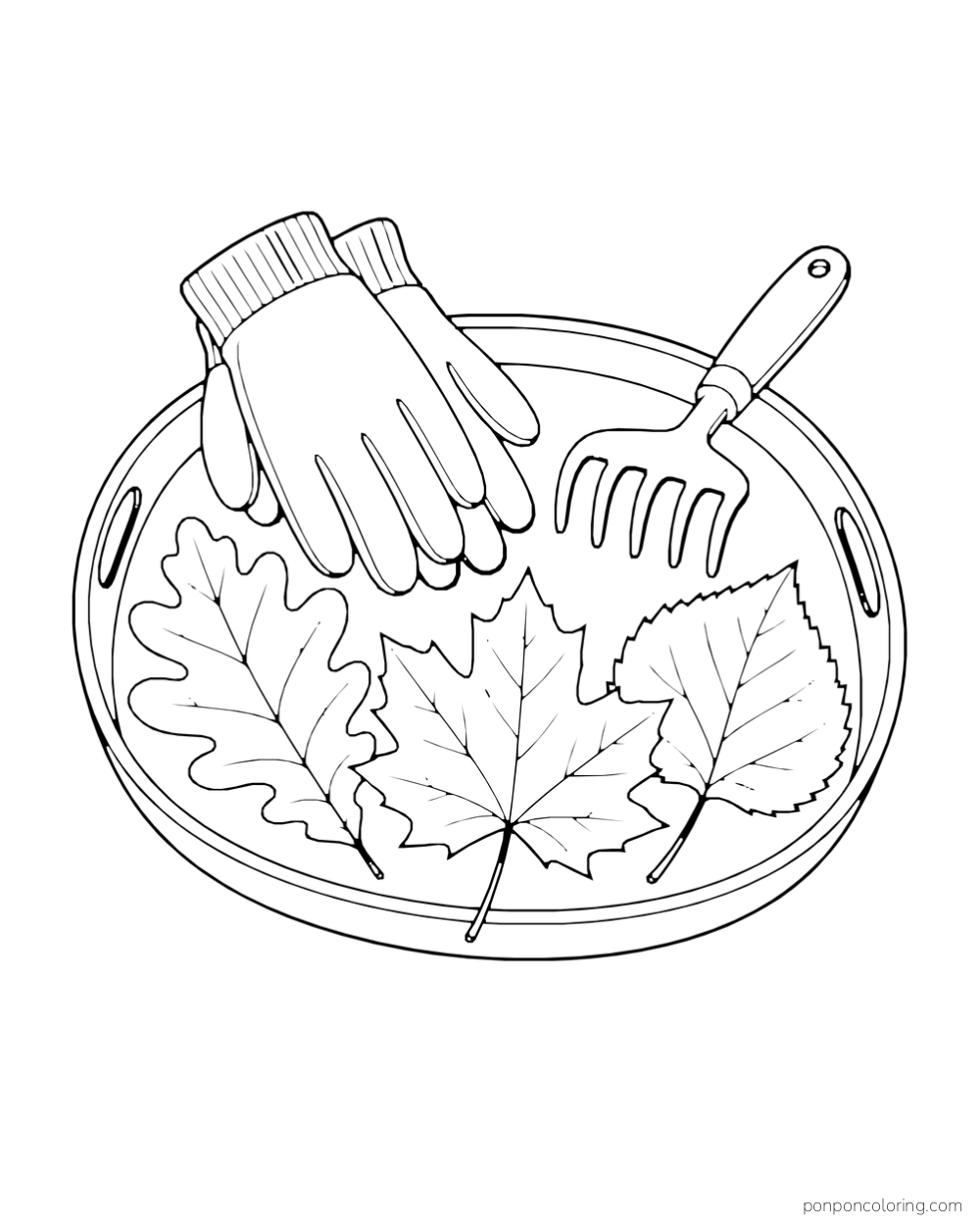 Garden gloves and a hand rake rest on a shallow tray with three large leaves.