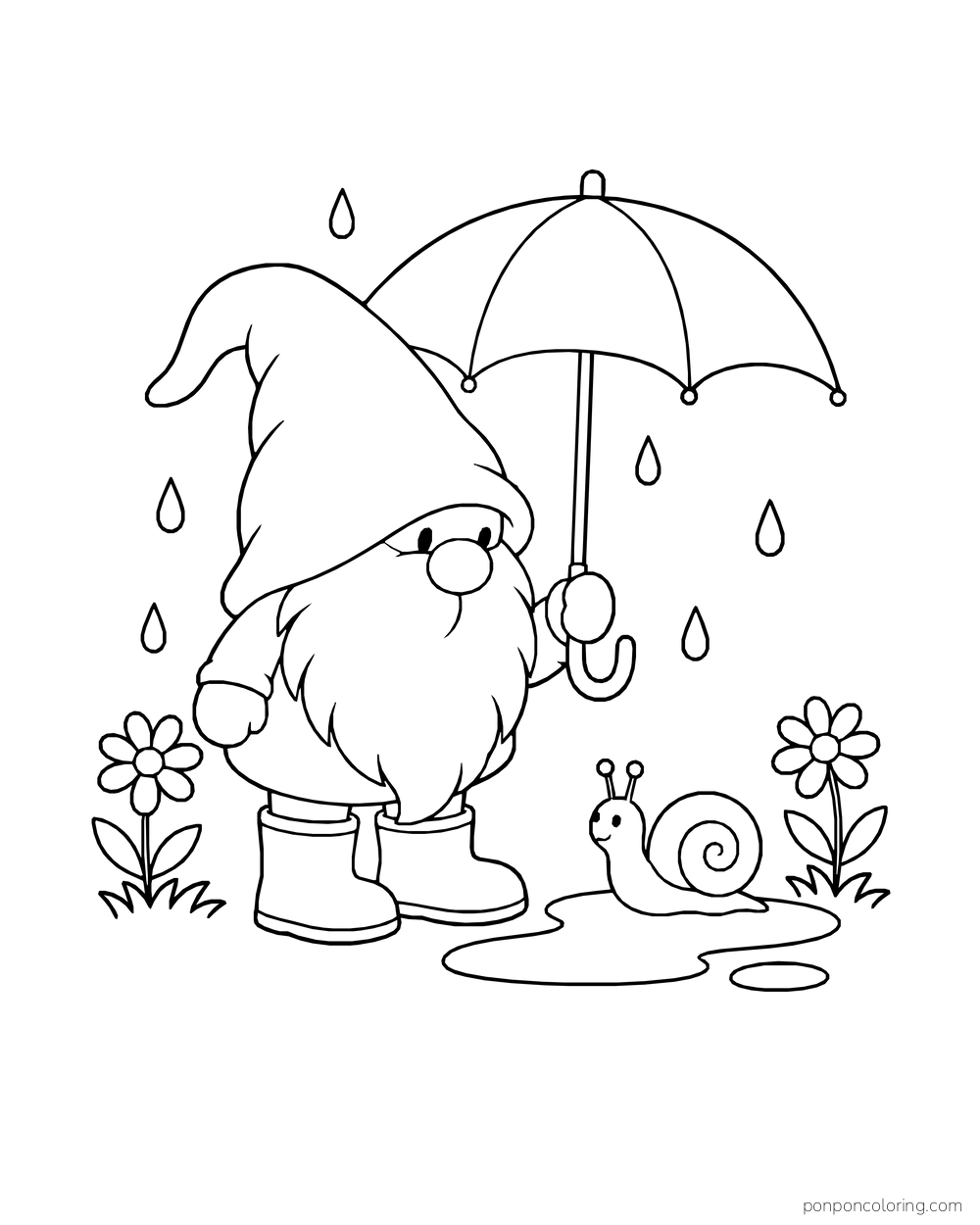 Gnome holding an umbrella beside a snail in a puddle and two daisies.