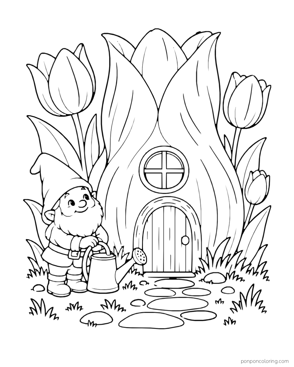 A small gnome with a watering can beside a tulip-shaped house with a round window.