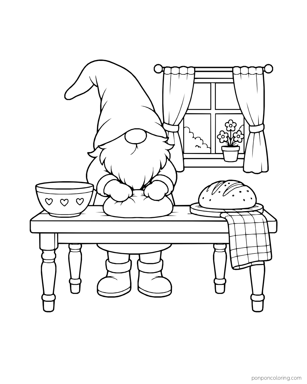 Gnome kneading dough beside a bowl and loaf of bread at a table below a curtained window.