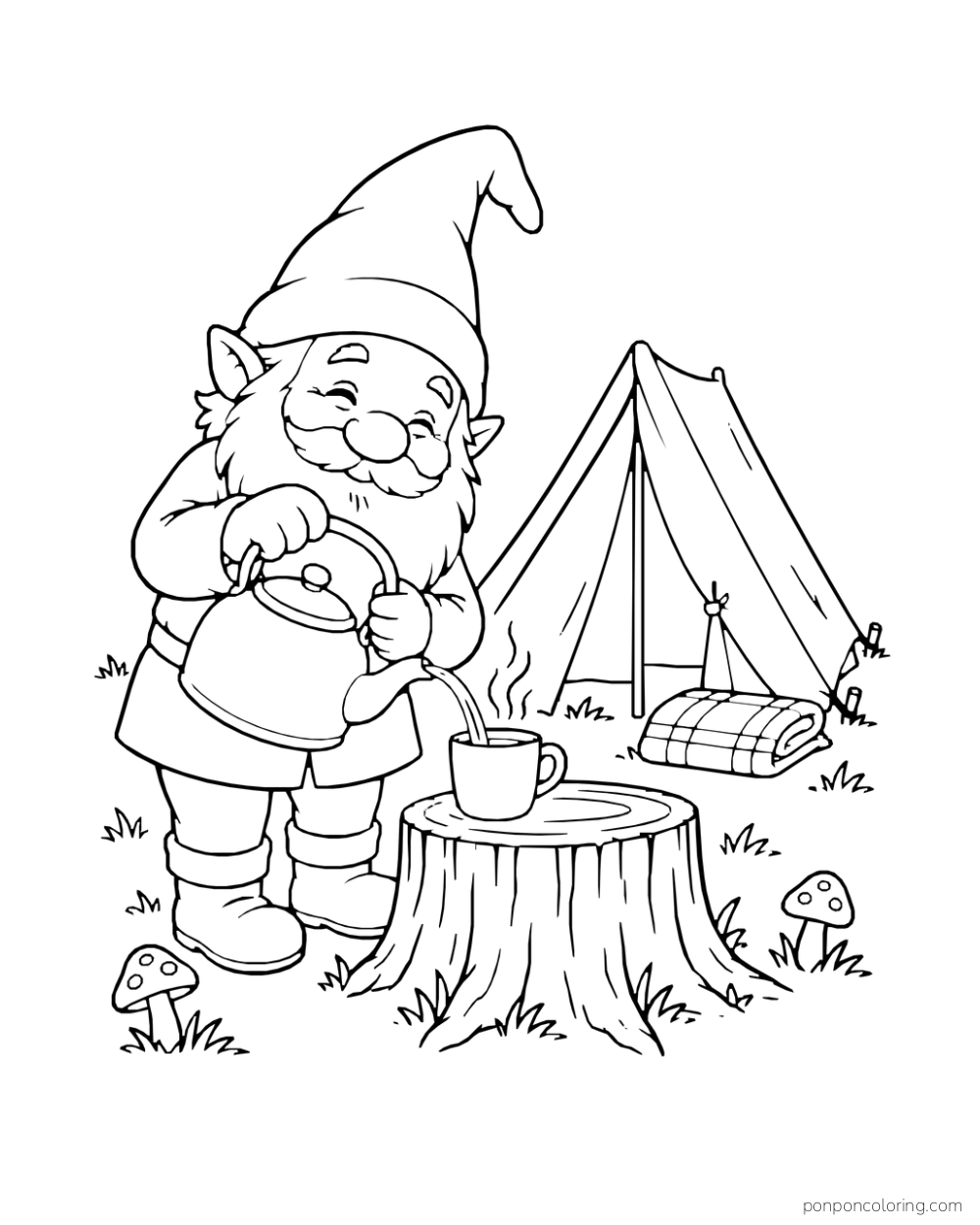 A gnome pours from a kettle into a cup on a stump outside a tent.