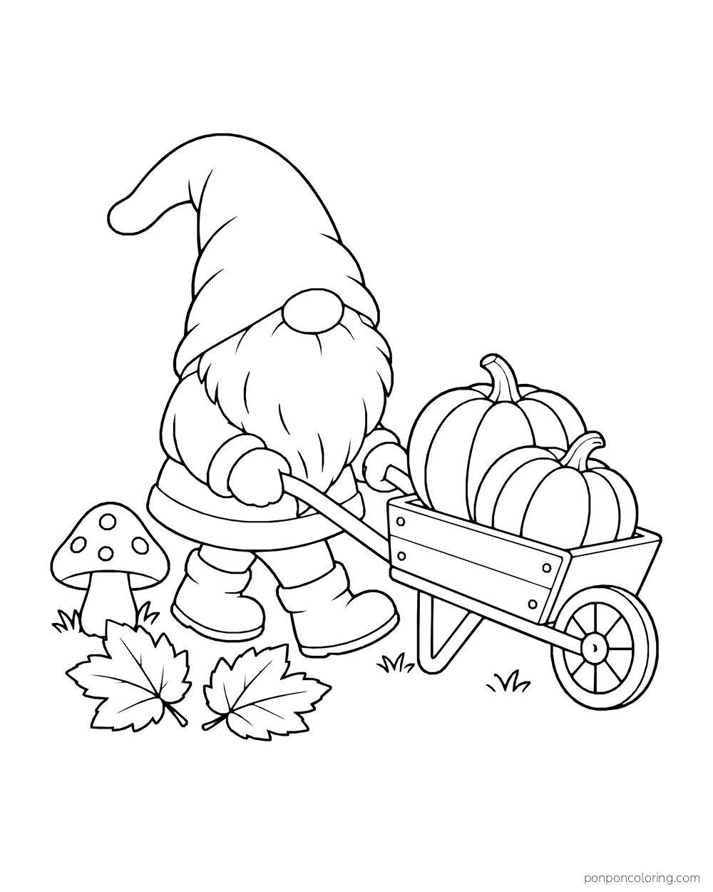 Gnome pushing two pumpkins in a wheelbarrow beside a mushroom and fallen leaves.