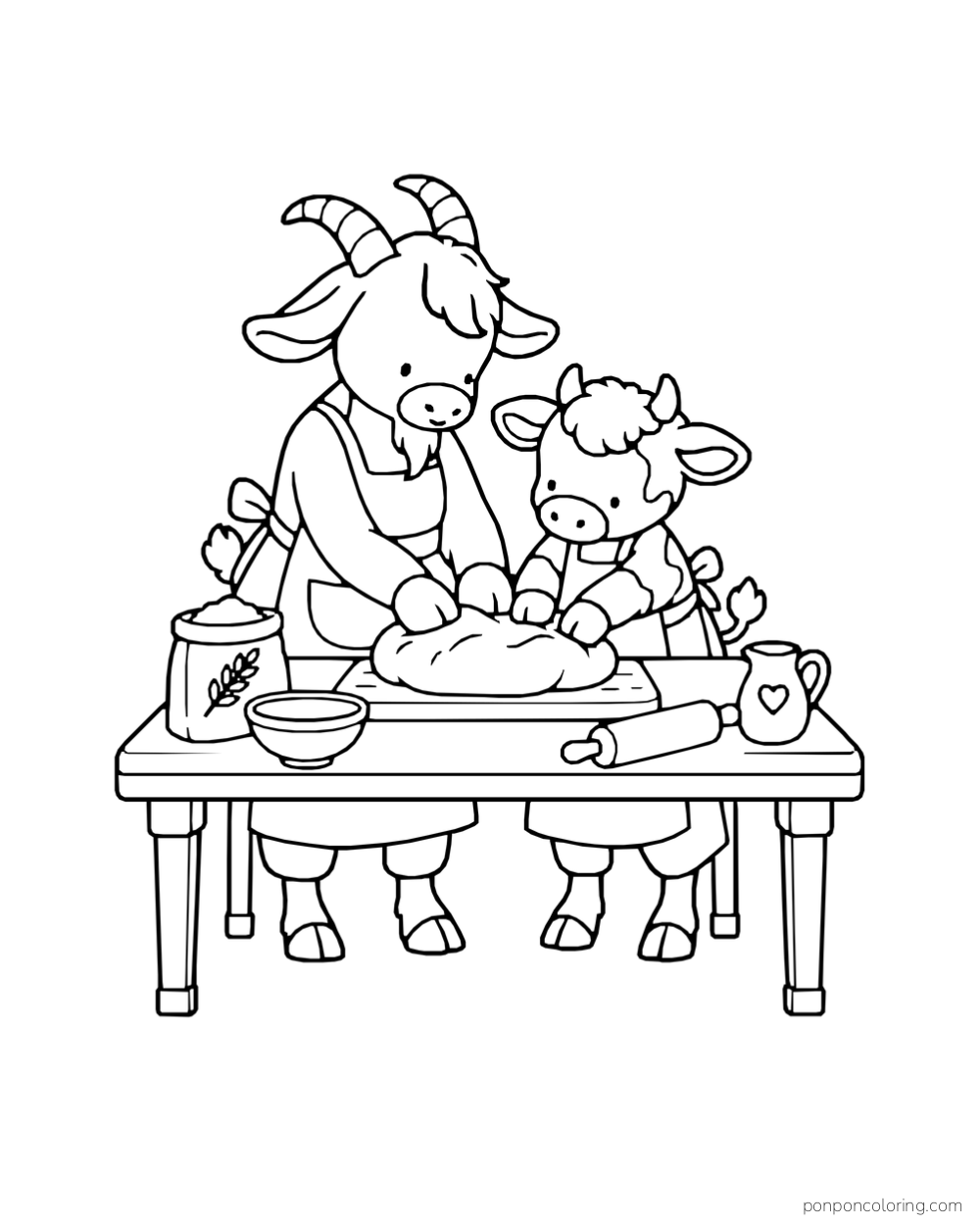 A goat and calf press dough on a board beside flour, a bowl, a pitcher and a rolling pin.
