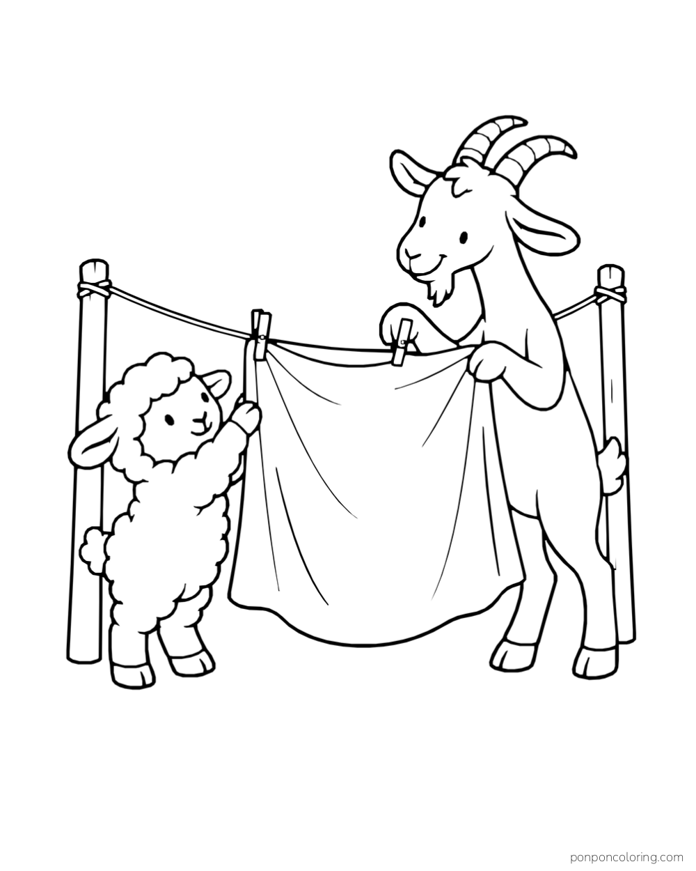 A goat and lamb hold a sheet clipped to a clothesline between two posts.