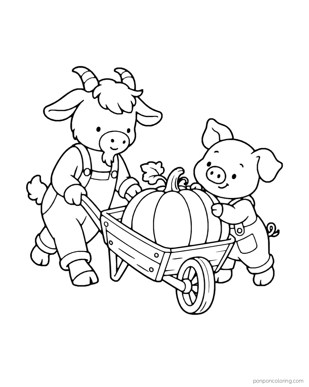 A goat pushes a wheelbarrow holding a large pumpkin while a piglet steadies it.