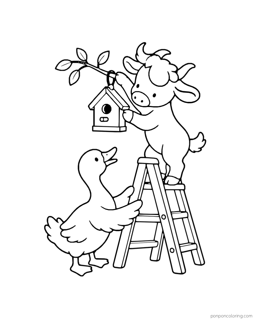 A goat on a stepladder hangs a birdhouse from a leafy branch while a goose holds the ladder.